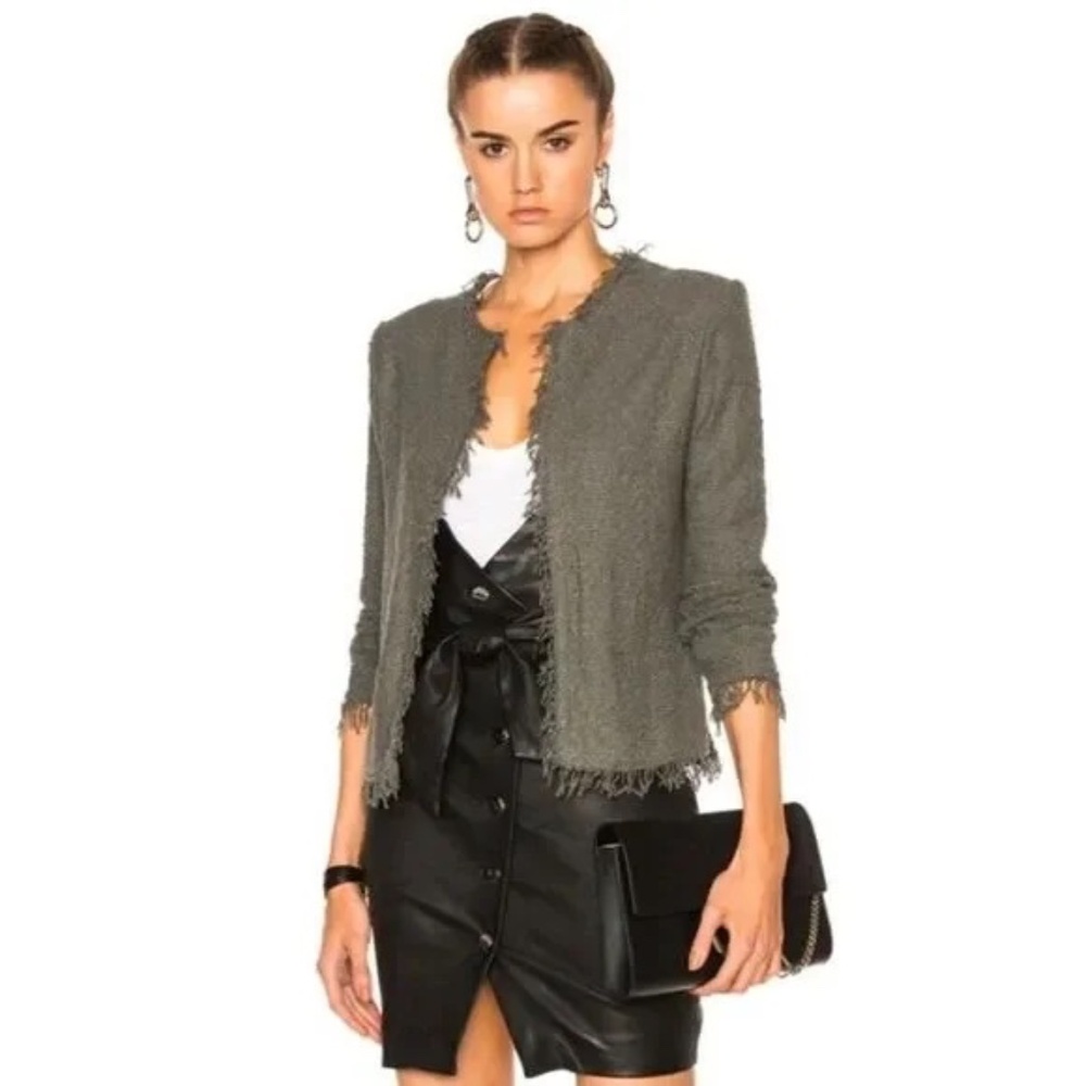 IRO Olive Green Shavani Frayed Hem Jacket Open Front